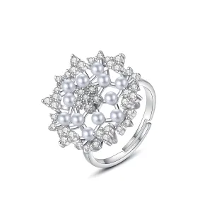 Cubic Zirconia & Pearl Silver-Plated Flower Adjustable Ring
