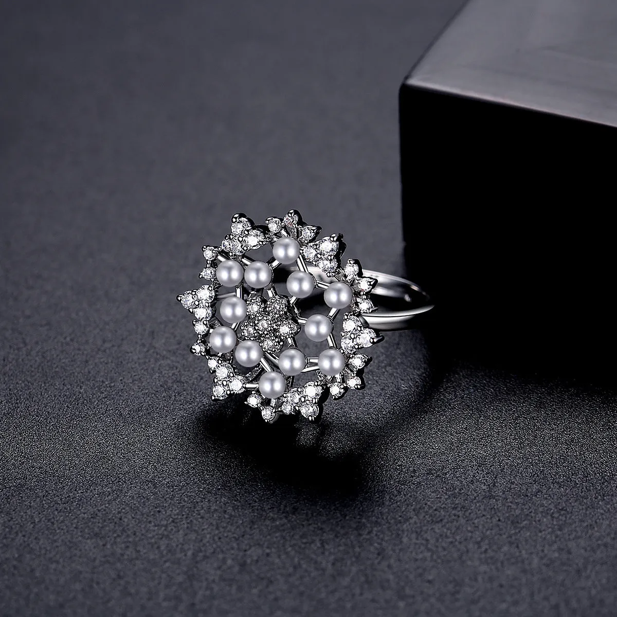 Cubic Zirconia & Pearl Silver-Plated Flower Adjustable Ring