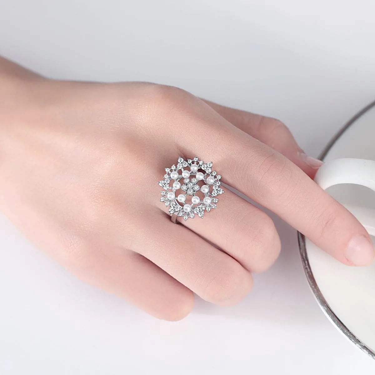 Cubic Zirconia & Pearl Silver-Plated Flower Adjustable Ring