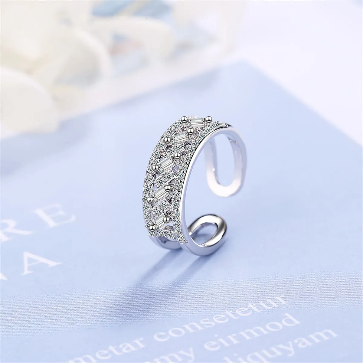 Cubic Zirconia & Silver-Plated Adjustable Ring