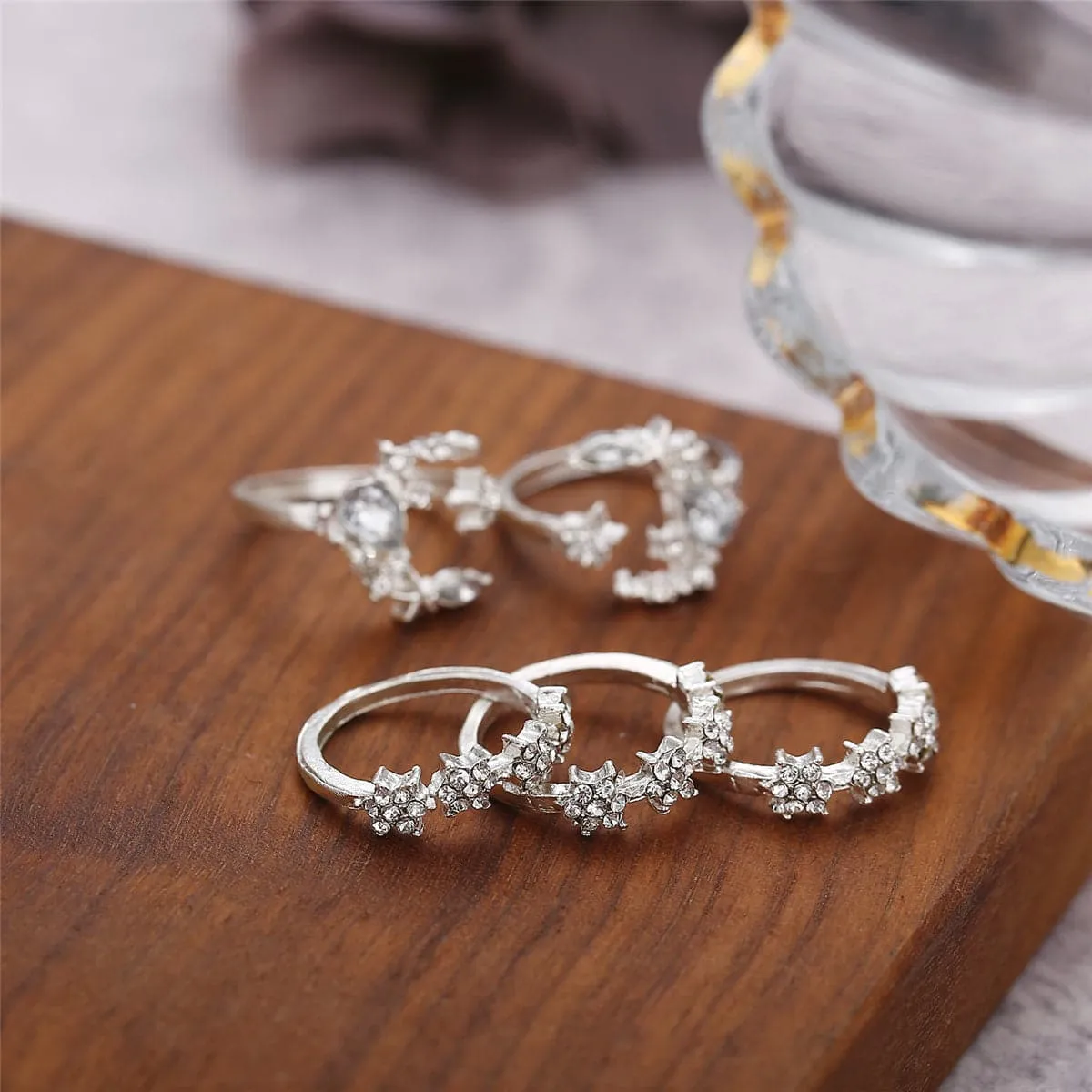 Cubic Zirconia & Silver-Plated Celestial Ring Set