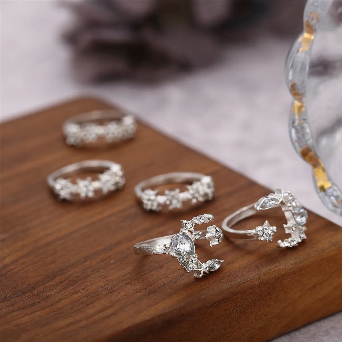 Cubic Zirconia & Silver-Plated Celestial Ring Set