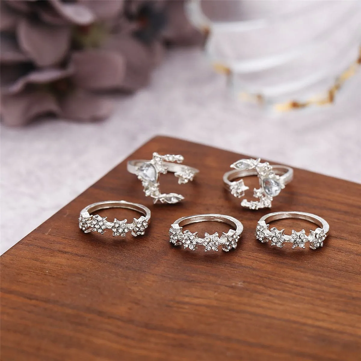 Cubic Zirconia & Silver-Plated Celestial Ring Set