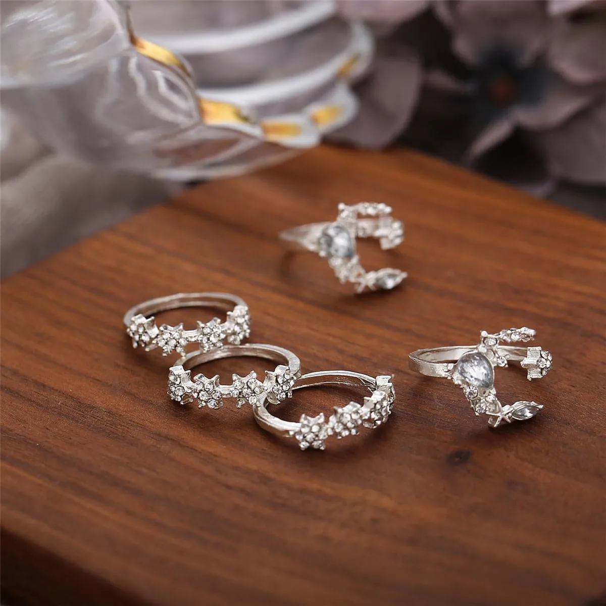 Cubic Zirconia & Silver-Plated Celestial Ring Set