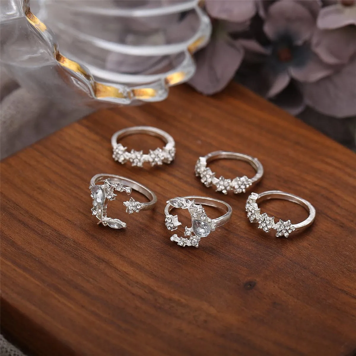 Cubic Zirconia & Silver-Plated Celestial Ring Set