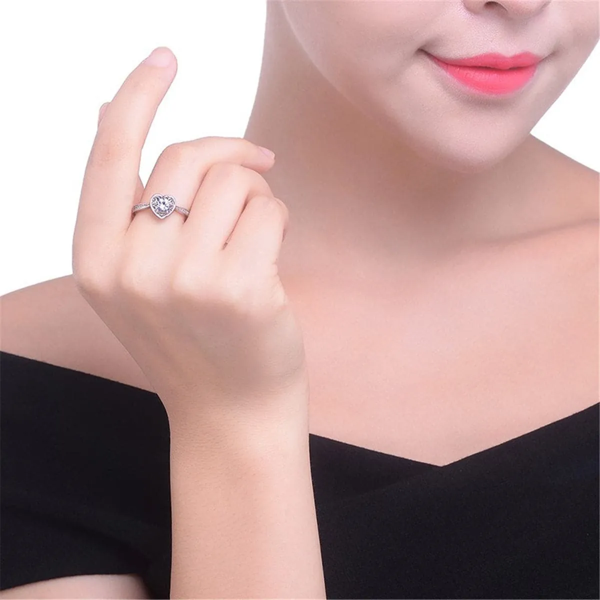 Cubic Zirconia & Silver-Plated Heart Ring
