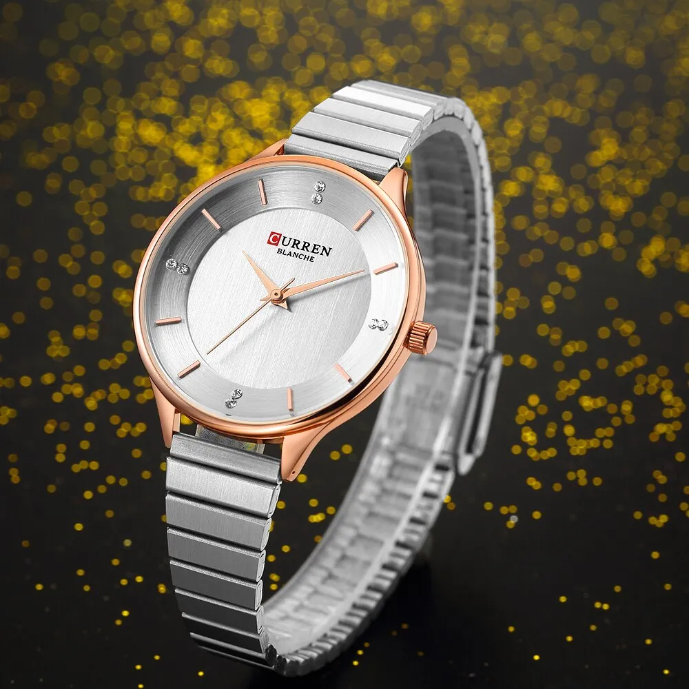 CURREN Ladies Watches Fashion Silver Analog Quartz Stainless Steel Wrist Watch Women Luxury Crystal Rhinestone Dress Women Clock