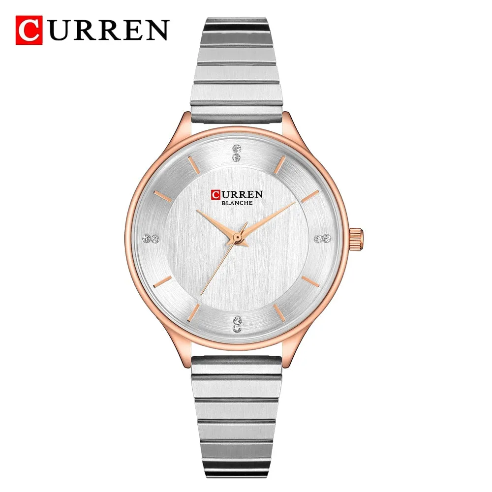CURREN Ladies Watches Fashion Silver Analog Quartz Stainless Steel Wrist Watch Women Luxury Crystal Rhinestone Dress Women Clock