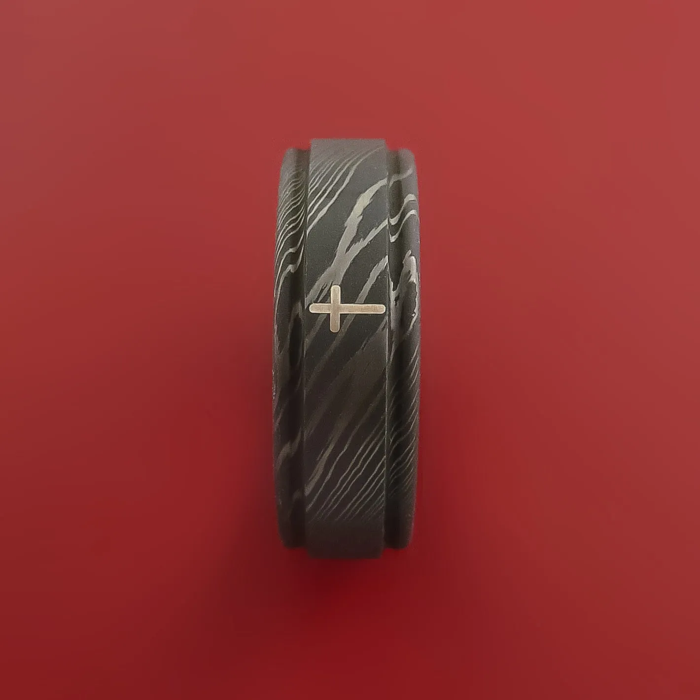 Damascus Steel Ring with Palladium Silver Cross Inlay Custom Made Band