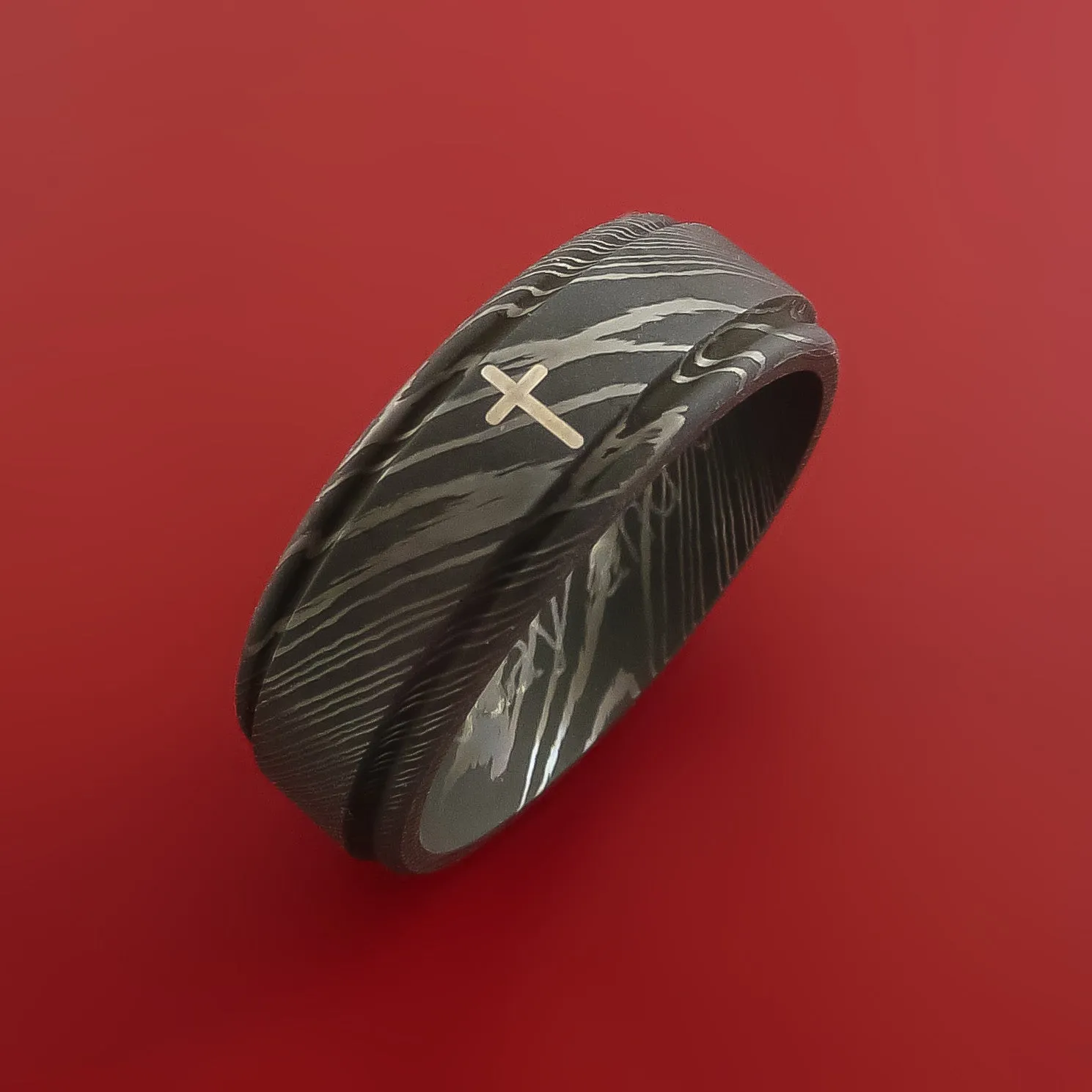 Damascus Steel Ring with Palladium Silver Cross Inlay Custom Made Band