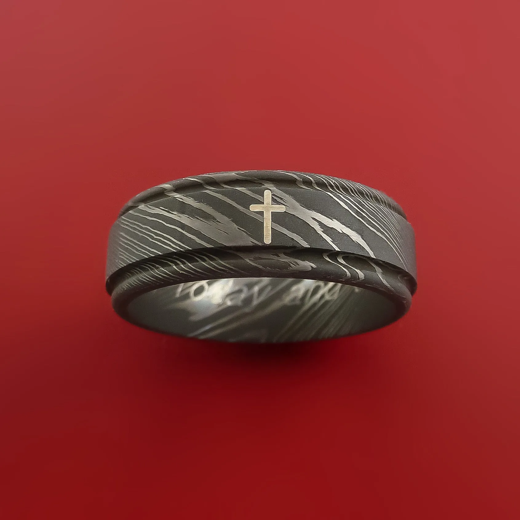Damascus Steel Ring with Palladium Silver Cross Inlay Custom Made Band