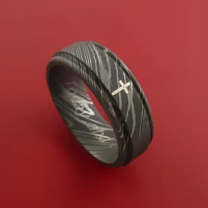 Damascus Steel Ring with Palladium Silver Cross Inlay Custom Made Band