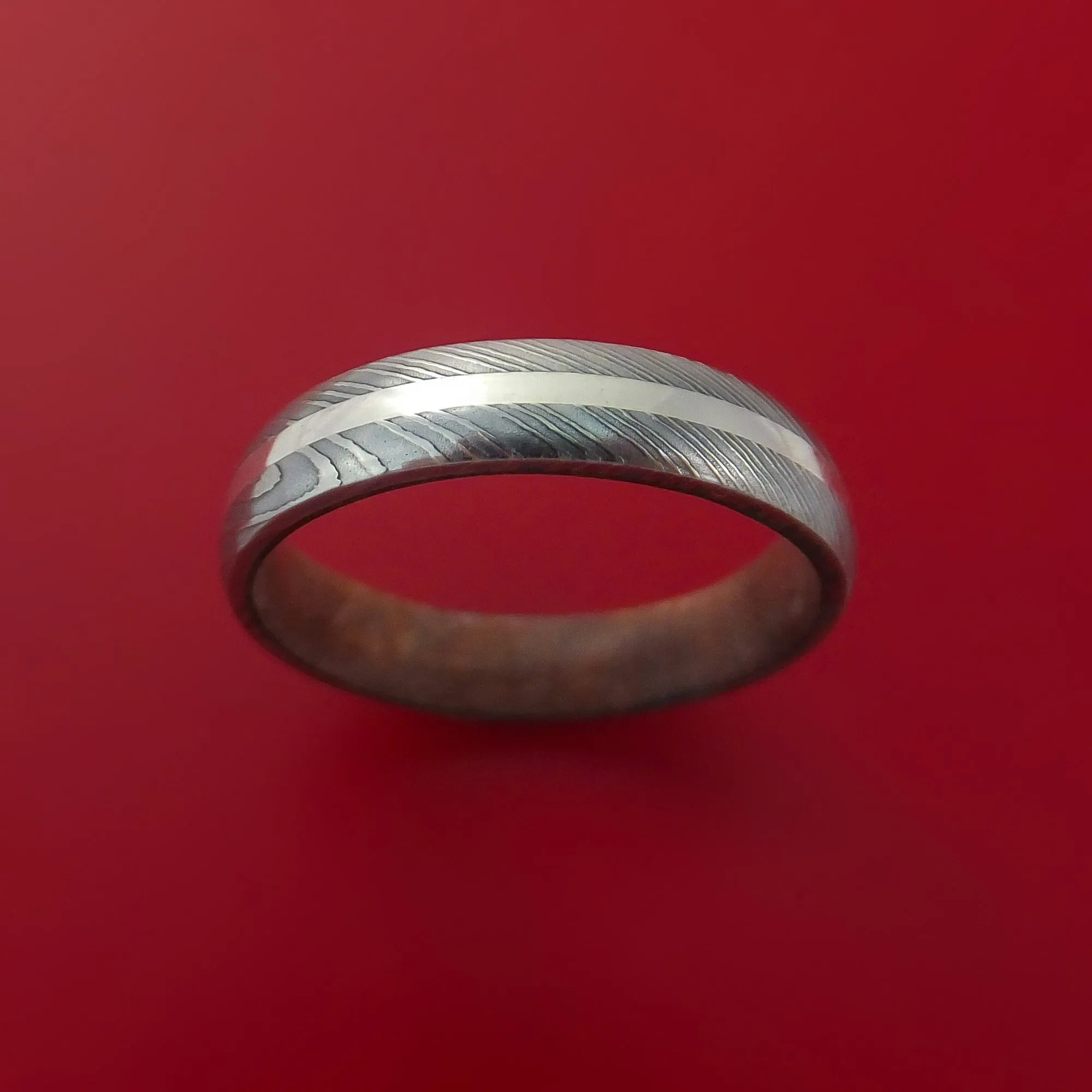 Damascus Steel Ring with Palladium Silver Inlay and Interior Hardwood Sleeve Custom Made Band
