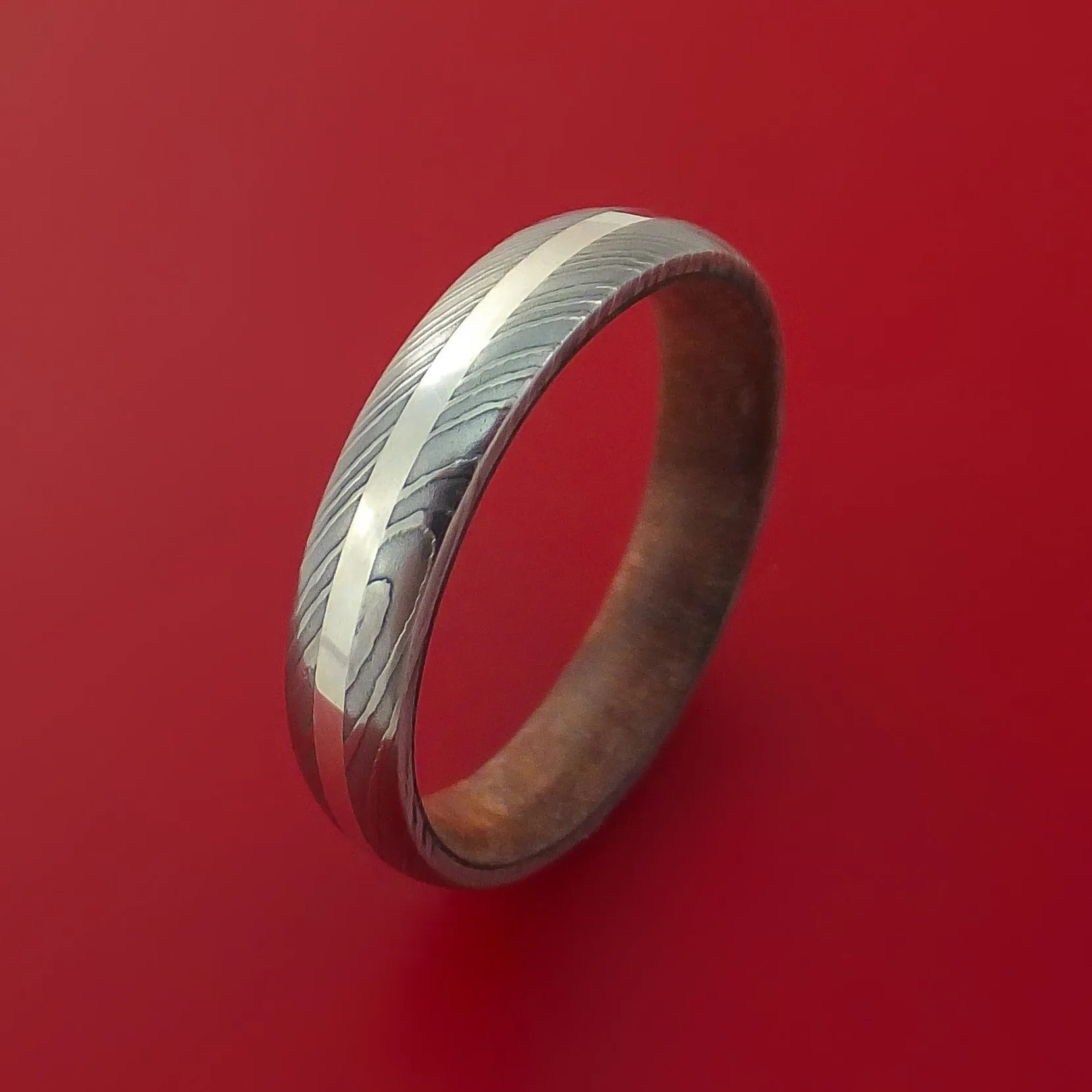 Damascus Steel Ring with Palladium Silver Inlay and Interior Hardwood Sleeve Custom Made Band
