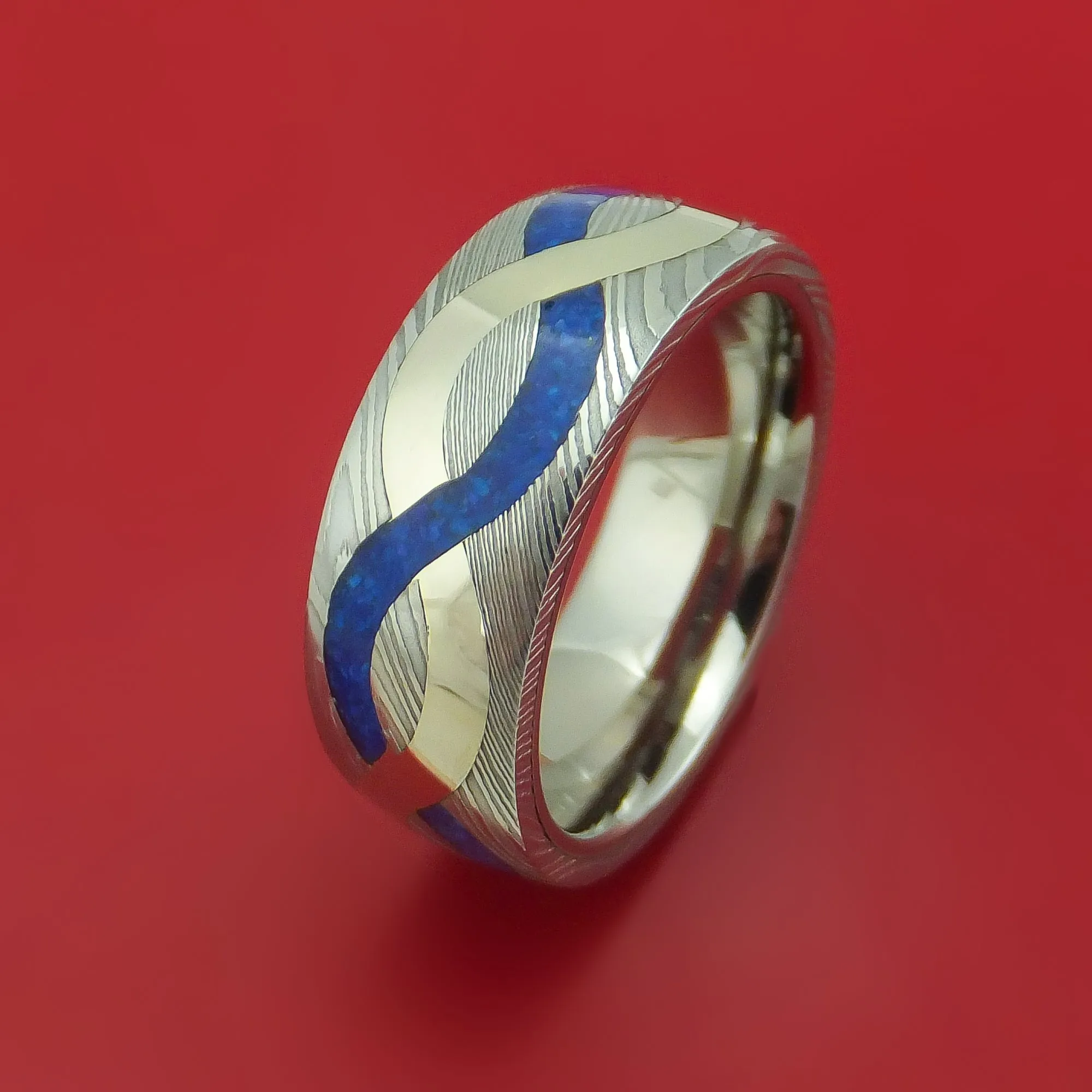 Damascus Steel with 14K Gold and Lapis Infinity Inlay Custom Made