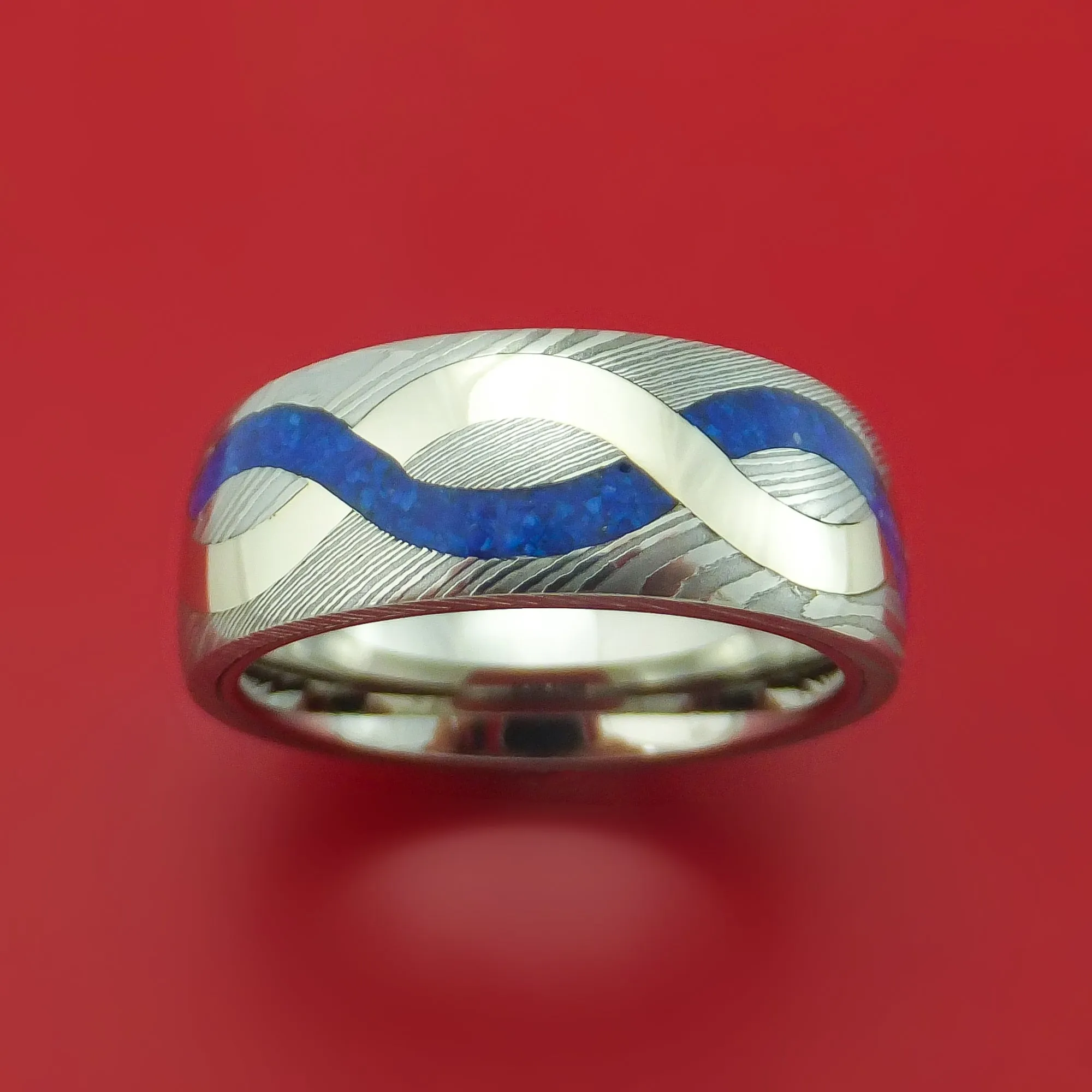 Damascus Steel with 14K Gold and Lapis Infinity Inlay Custom Made