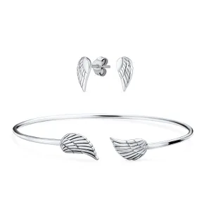 Delicate Angel Wing Feather Cuff Bracelet & Stud Earrings Set Sterling Silver