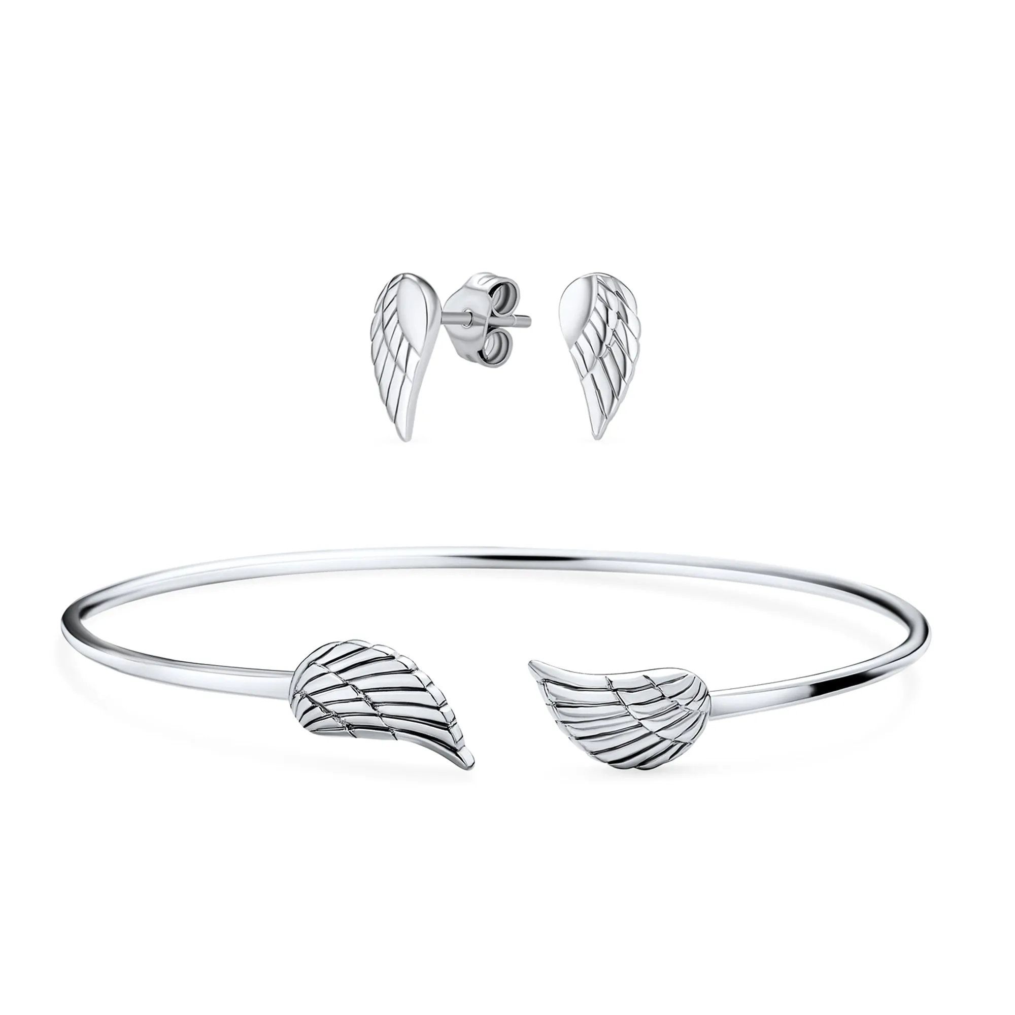 Delicate Angel Wing Feather Cuff Bracelet & Stud Earrings Set Sterling Silver