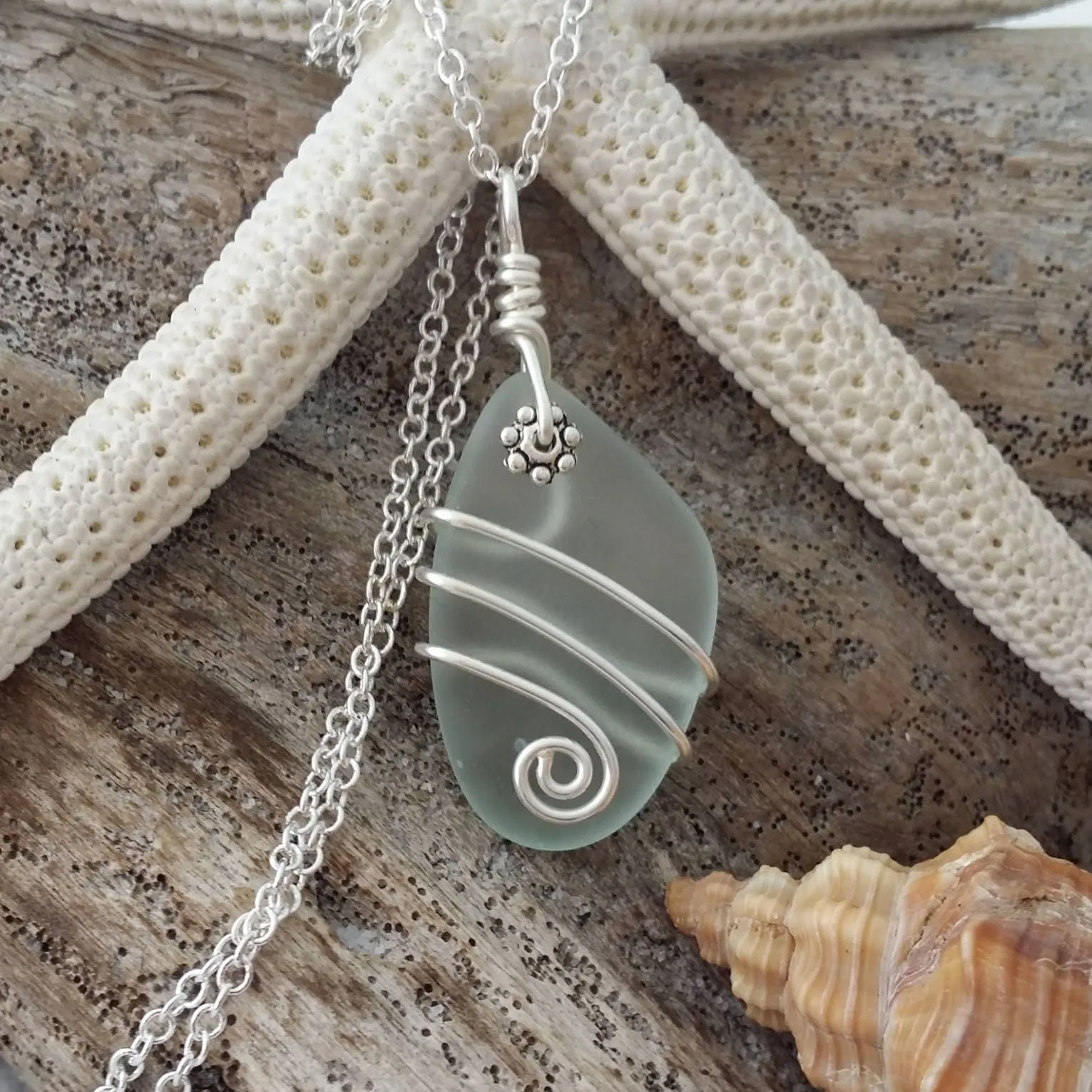 Design and handmade in Hawaii, Wire wrapped  seafoam  sea glass necklace,   gift box,sea glass jewelry, gift for her.