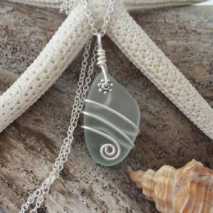 Design and handmade in Hawaii, Wire wrapped  seafoam  sea glass necklace,   gift box,sea glass jewelry, gift for her.