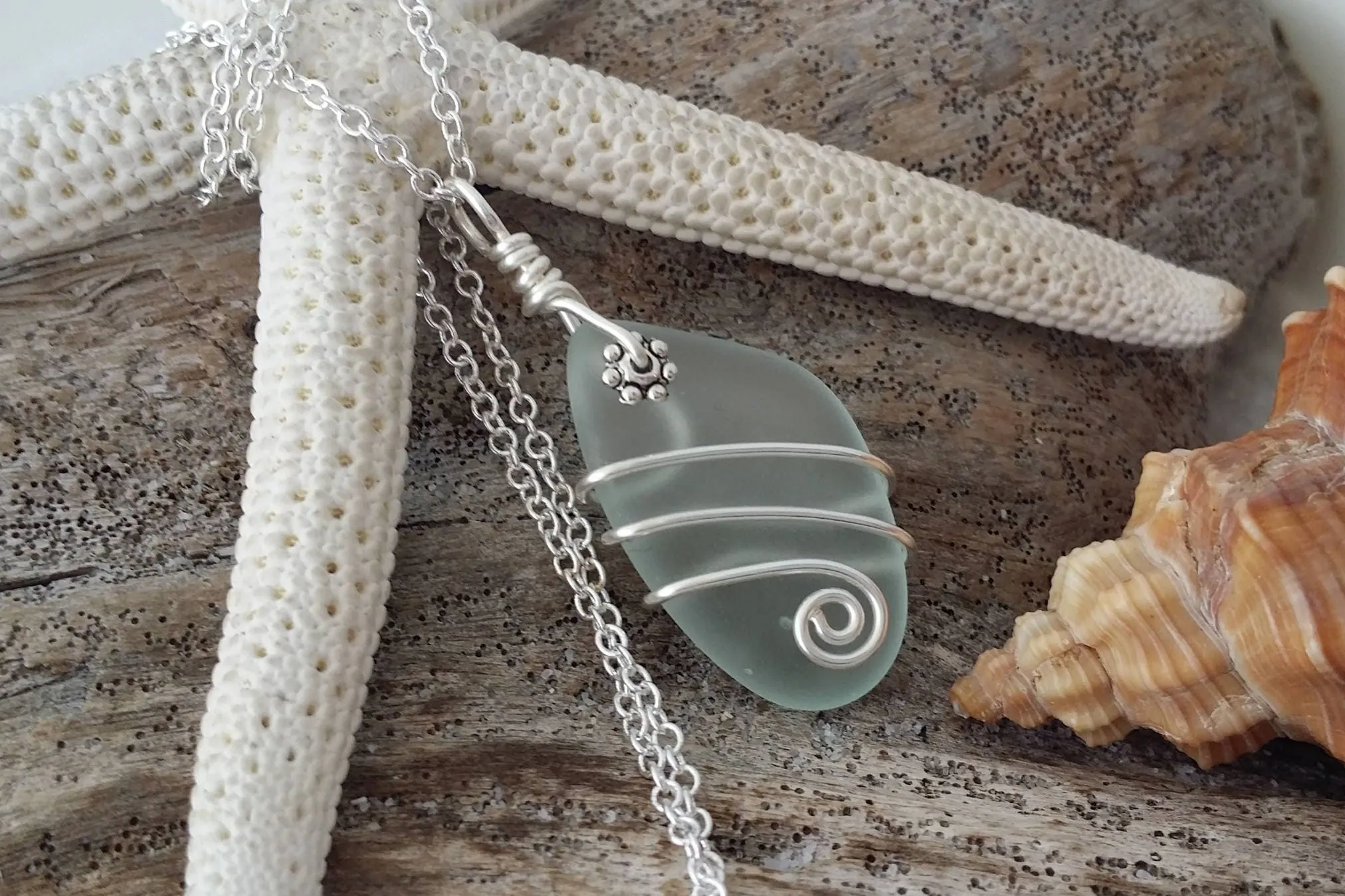 Design and handmade in Hawaii, Wire wrapped  seafoam  sea glass necklace,   gift box,sea glass jewelry, gift for her.