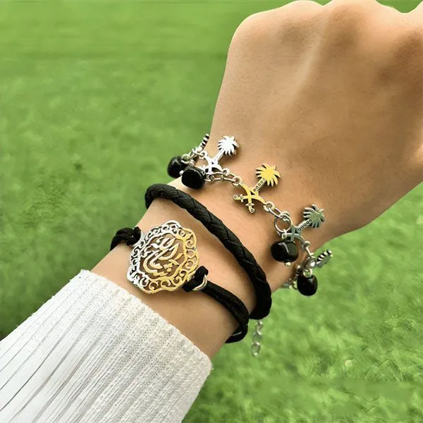 Elegant Black Leather And Metal Bracelets