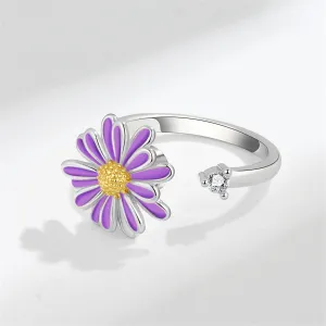Enamel & Silver-Plated Cubic Zirconia-Accent Rotatable Mum Open Ring