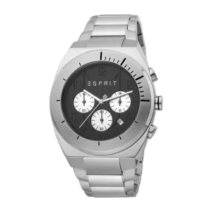 Esprit Men's Chronograph Watch Silver Color Ss Bracelet Black Dial With Date