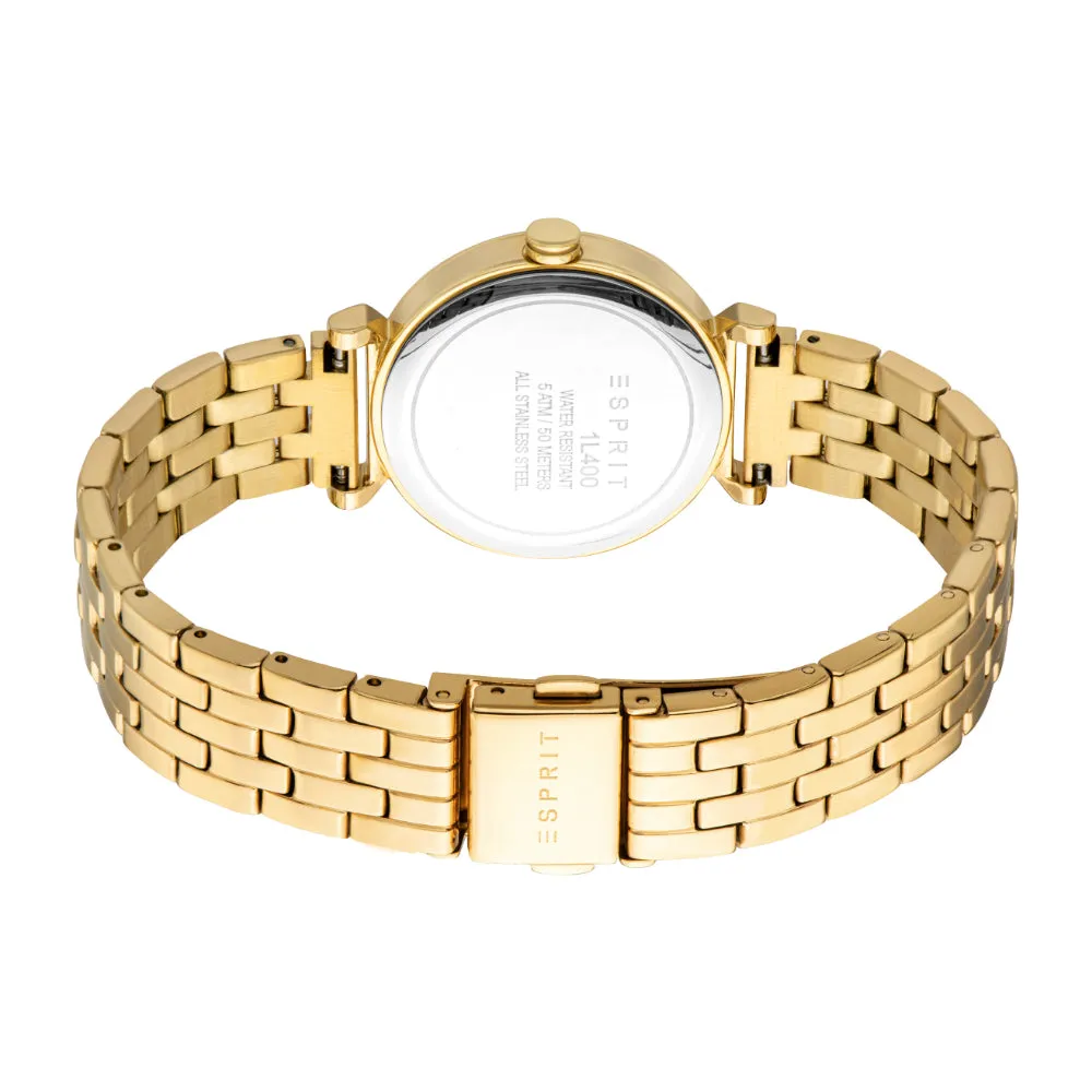 ESPRIT Women Watch, Gold Color Case, Dark Green Dial, Gold Color Metal Bracelet, 3 Hands, 5 ATM