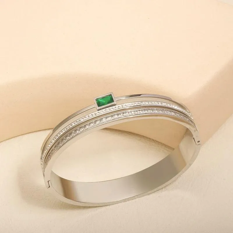 Europe And The United States Cross-border Ladies Three Crown Titanium Steel Bracelet Green Zircon Square Crystal Stainless Steel WeChat Full Diamond Bracelet