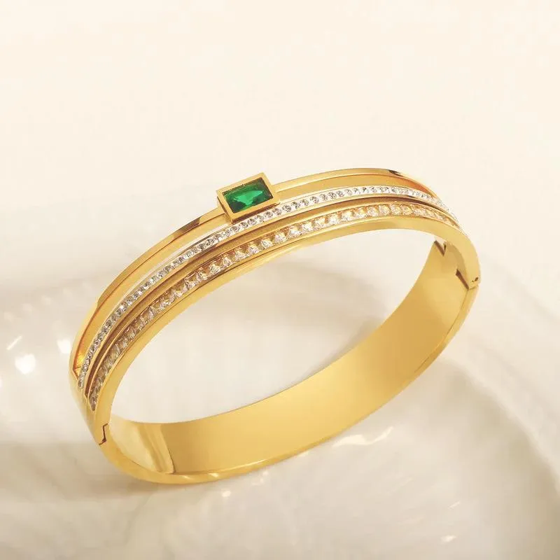 Europe And The United States Cross-border Ladies Three Crown Titanium Steel Bracelet Green Zircon Square Crystal Stainless Steel WeChat Full Diamond Bracelet