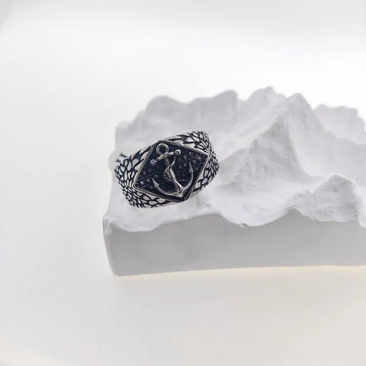European And American Fashion Innovative Stainless Steel Pirate Ship Anchor Ring Vintage Trendy Men's Titanium Steel Anchor Ring