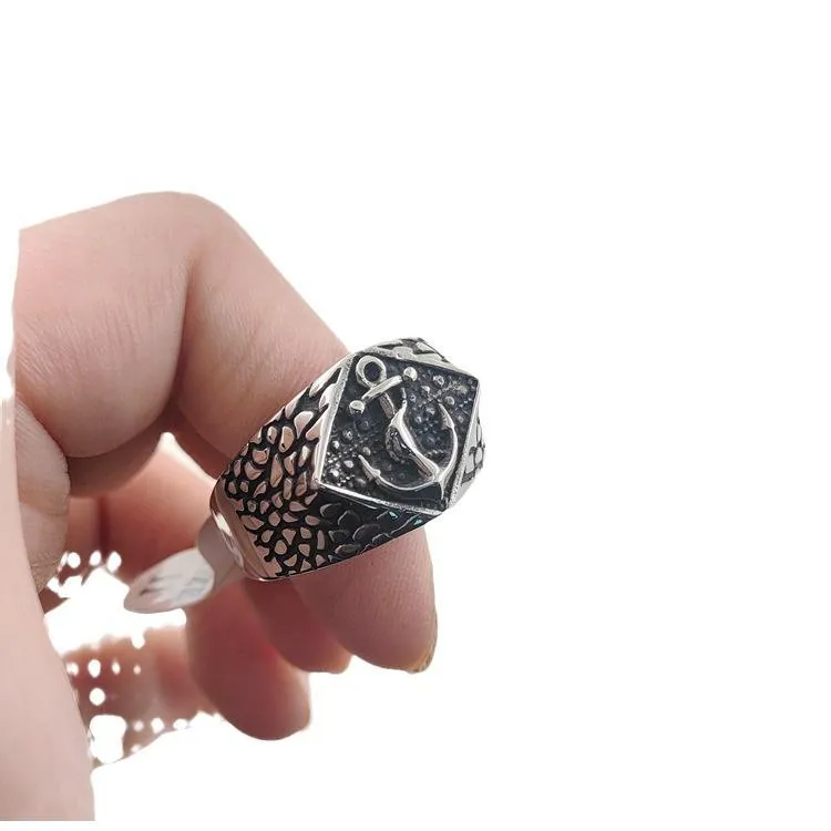 European And American Fashion Innovative Stainless Steel Pirate Ship Anchor Ring Vintage Trendy Men's Titanium Steel Anchor Ring
