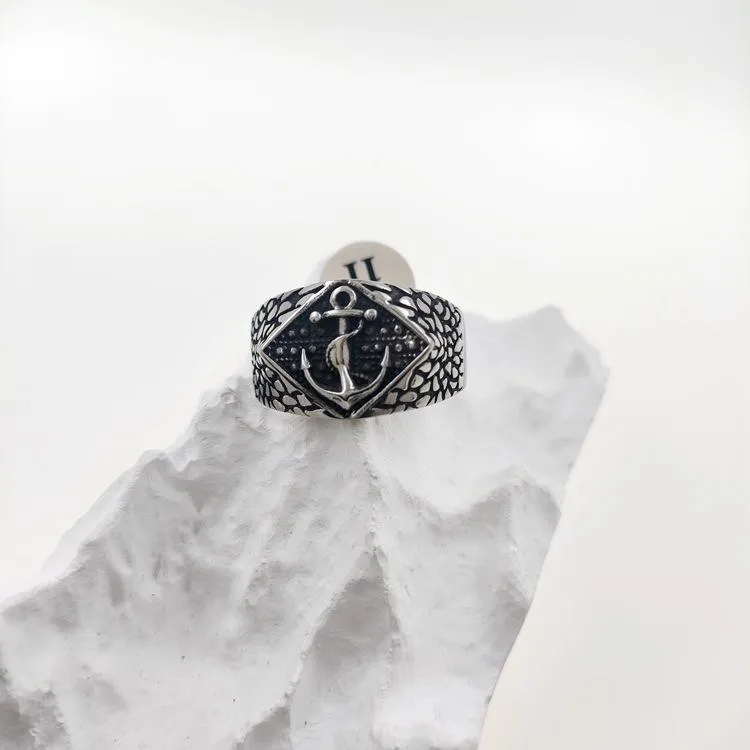 European And American Fashion Innovative Stainless Steel Pirate Ship Anchor Ring Vintage Trendy Men's Titanium Steel Anchor Ring