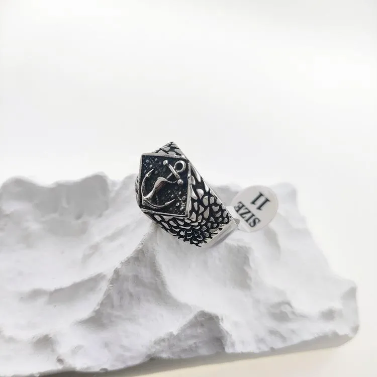 European And American Fashion Innovative Stainless Steel Pirate Ship Anchor Ring Vintage Trendy Men's Titanium Steel Anchor Ring