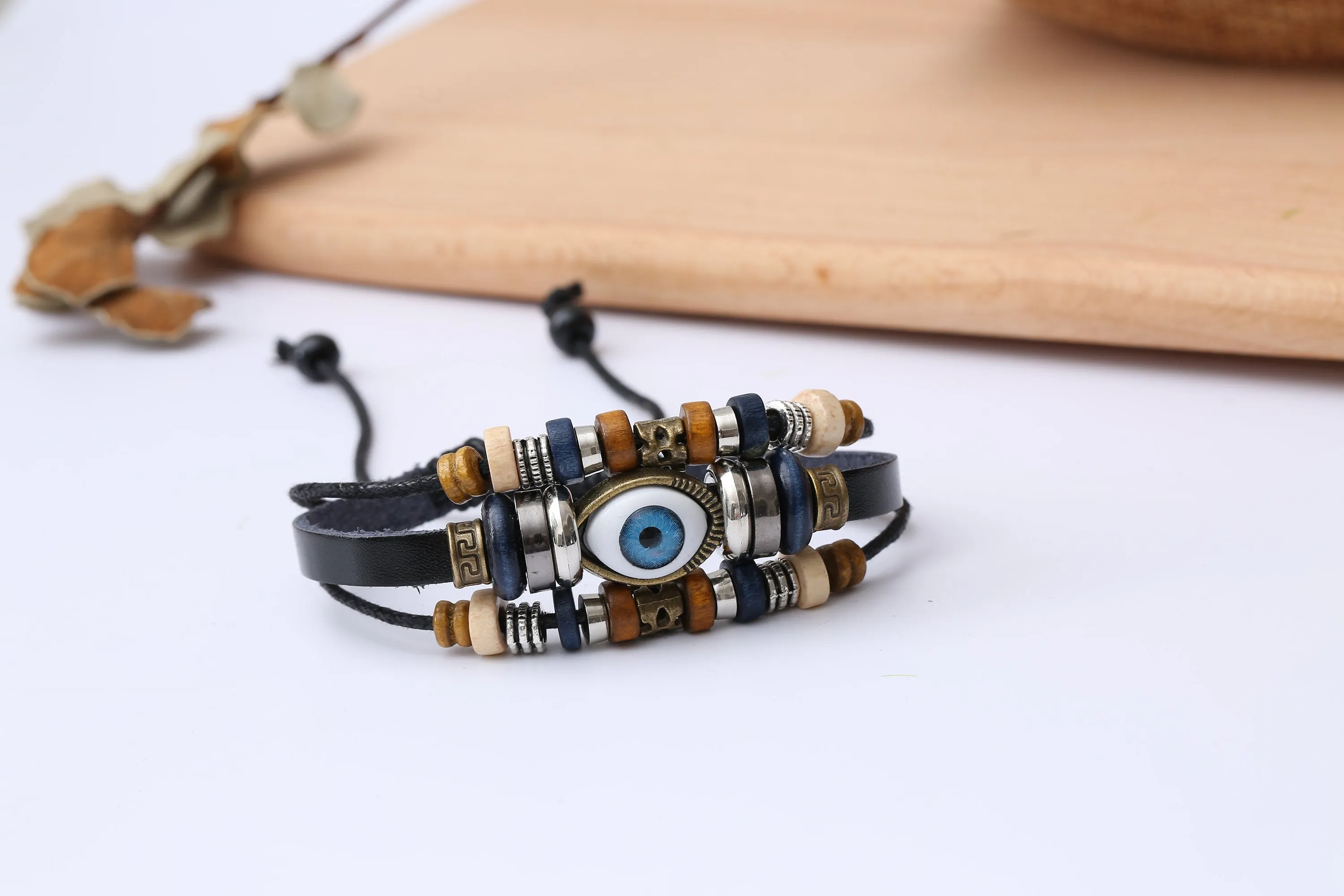 Evil Eye Adjustable Leather Bracelet