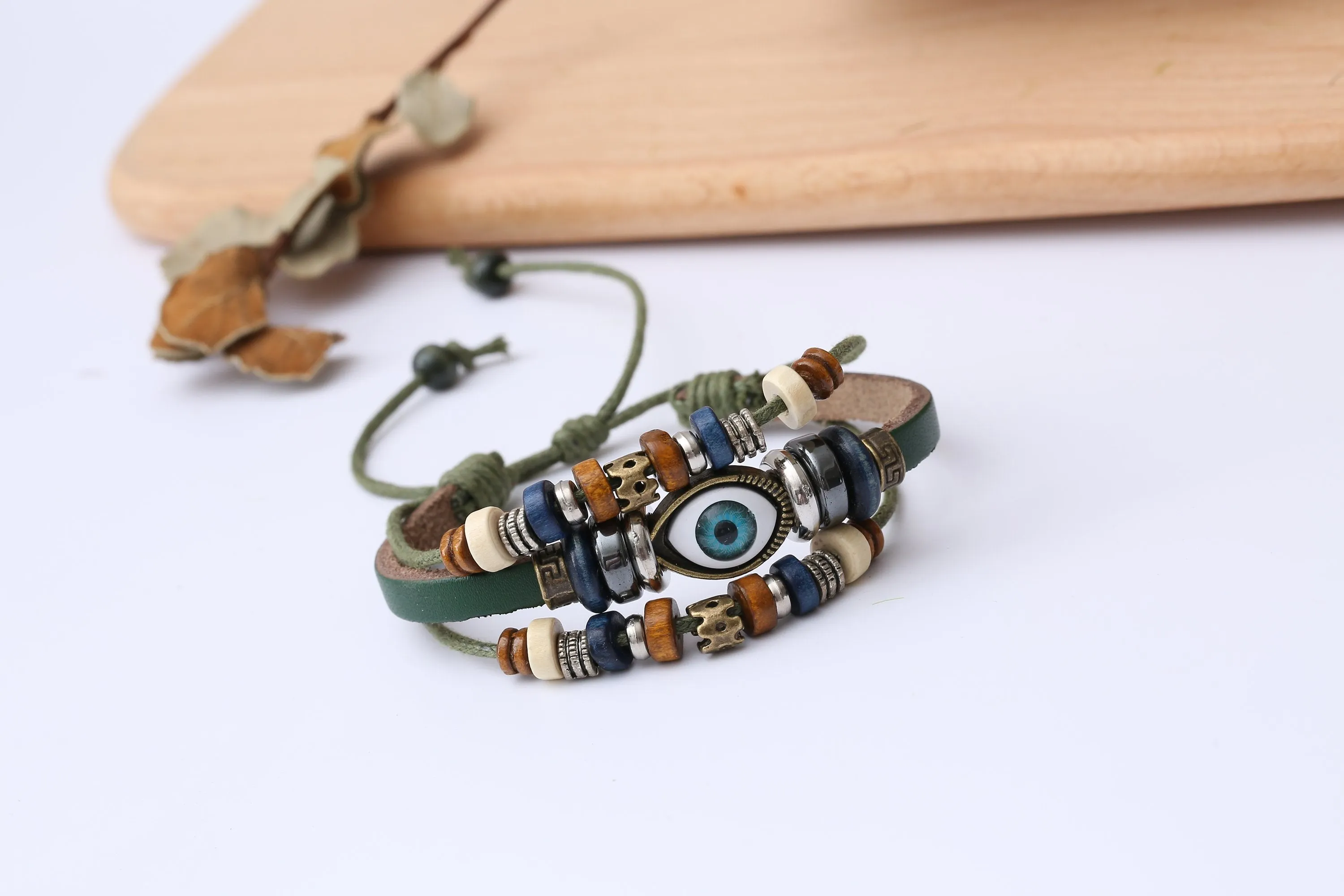 Evil Eye Adjustable Leather Bracelet