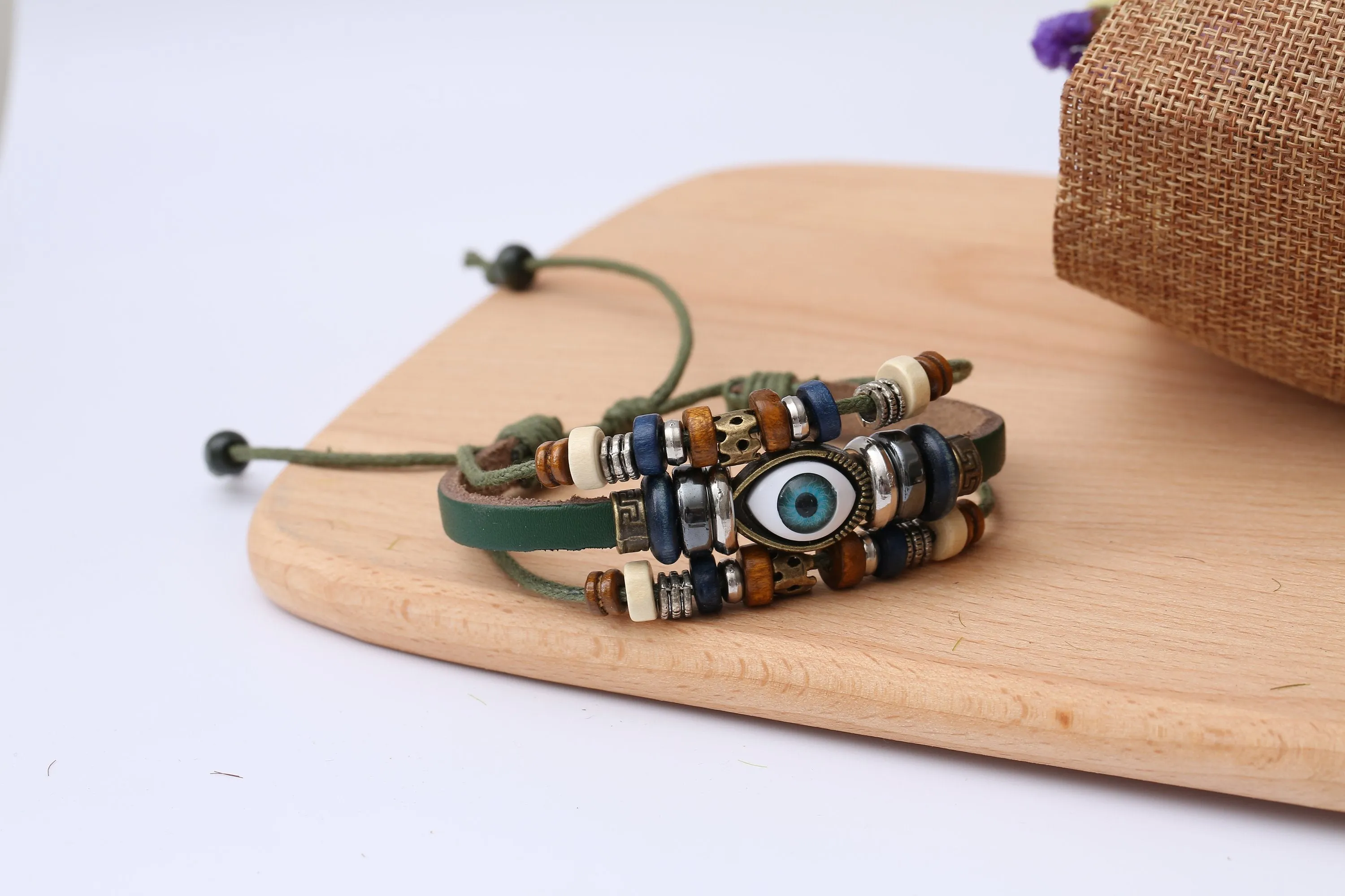 Evil Eye Adjustable Leather Bracelet