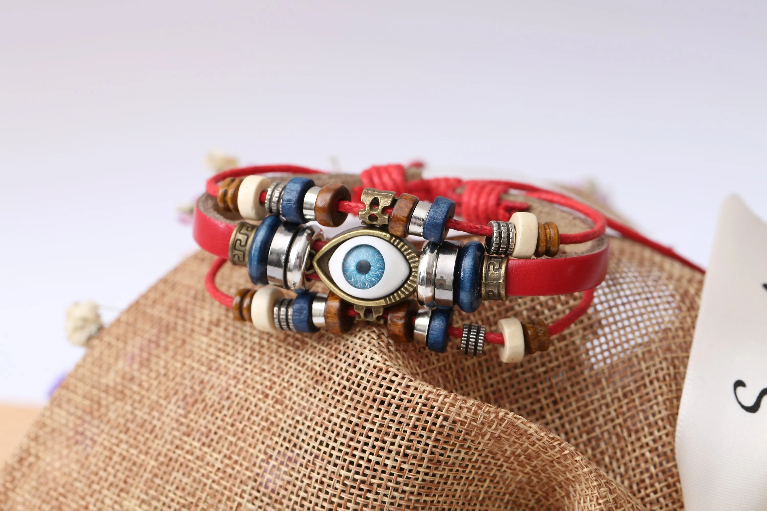 Evil Eye Adjustable Leather Bracelet