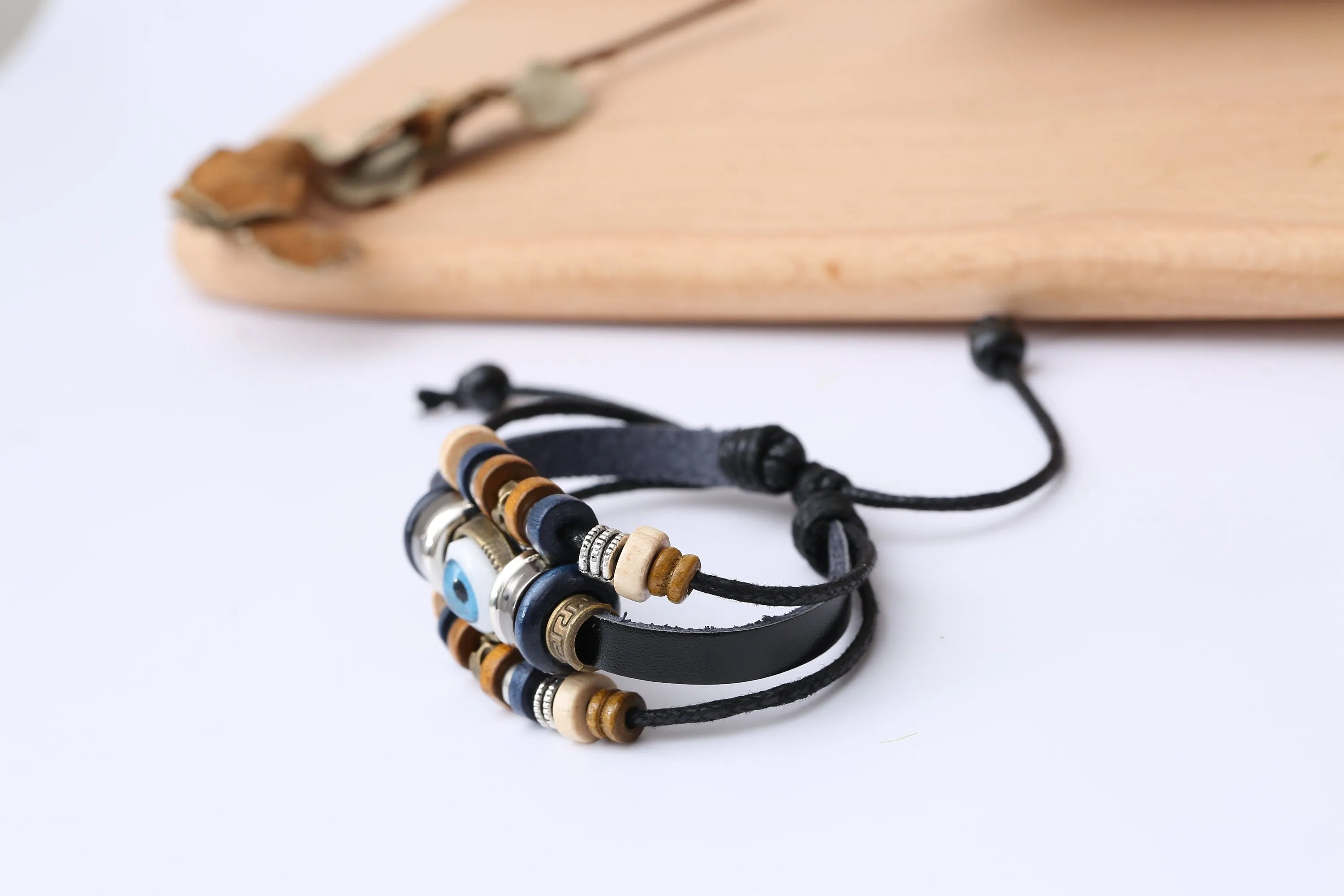 Evil Eye Adjustable Leather Bracelet