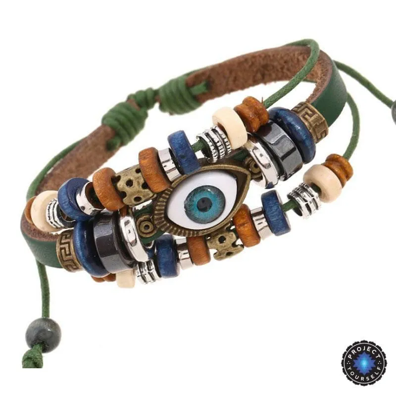 Evil Eye Adjustable Leather Bracelet