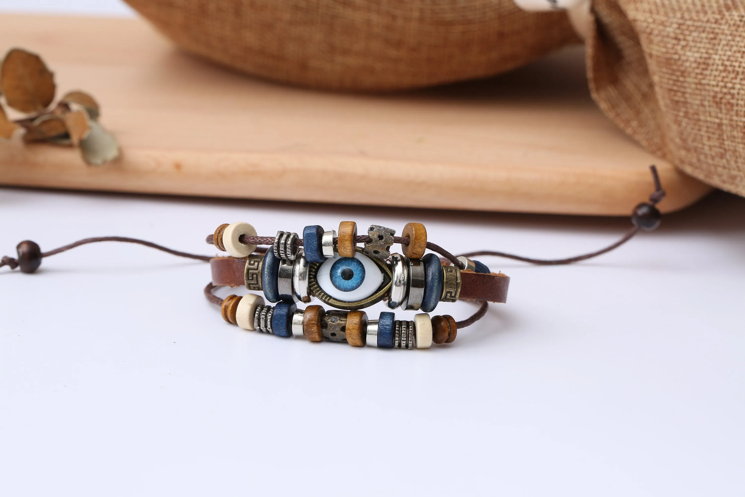 Evil Eye Adjustable Leather Bracelet