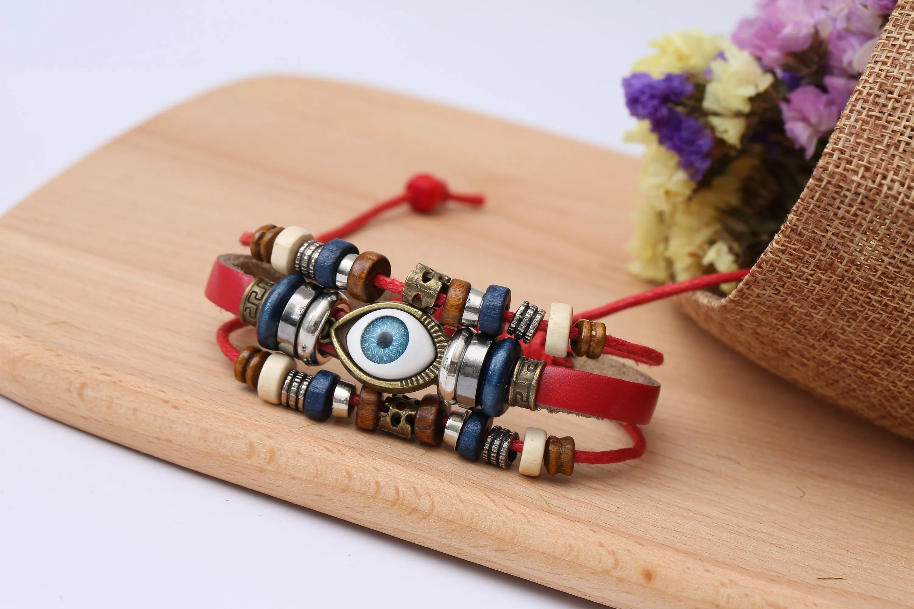 Evil Eye Adjustable Leather Bracelet