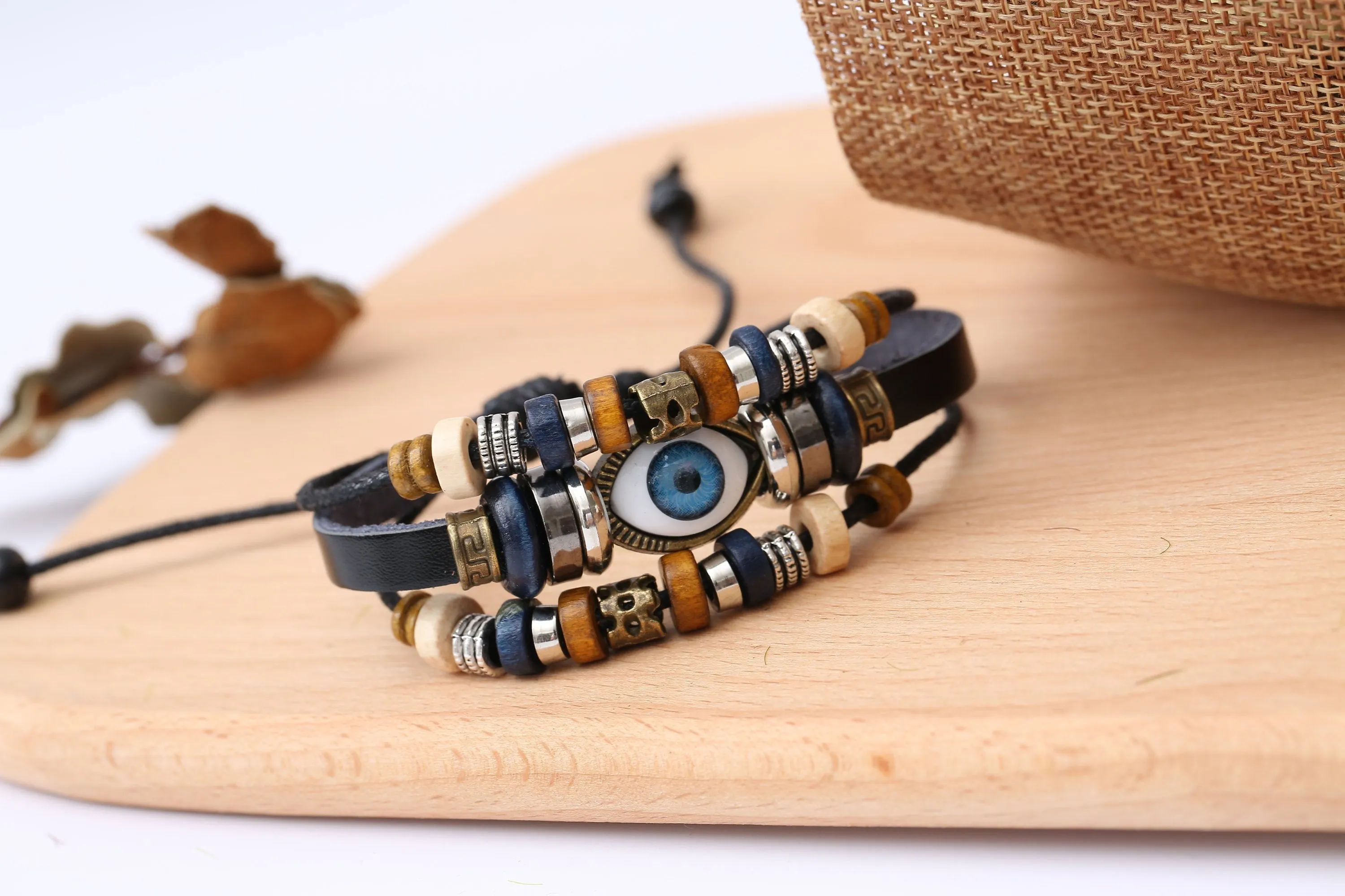 Evil Eye Adjustable Leather Bracelet