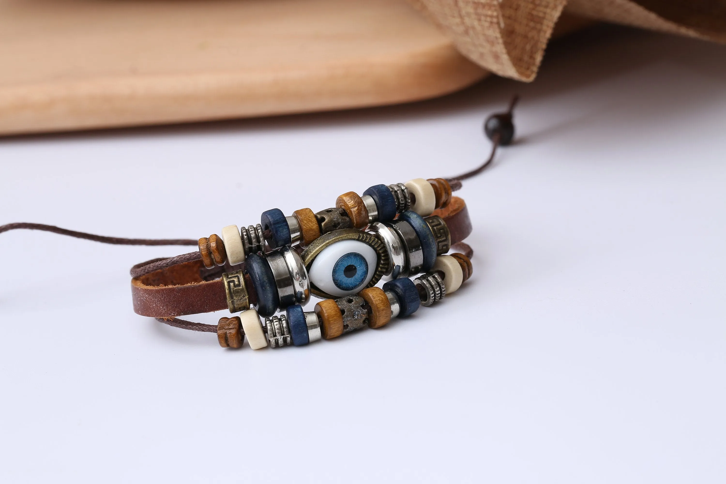 Evil Eye Adjustable Leather Bracelet