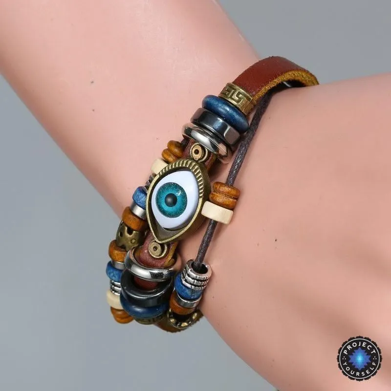 Evil Eye Adjustable Leather Bracelet