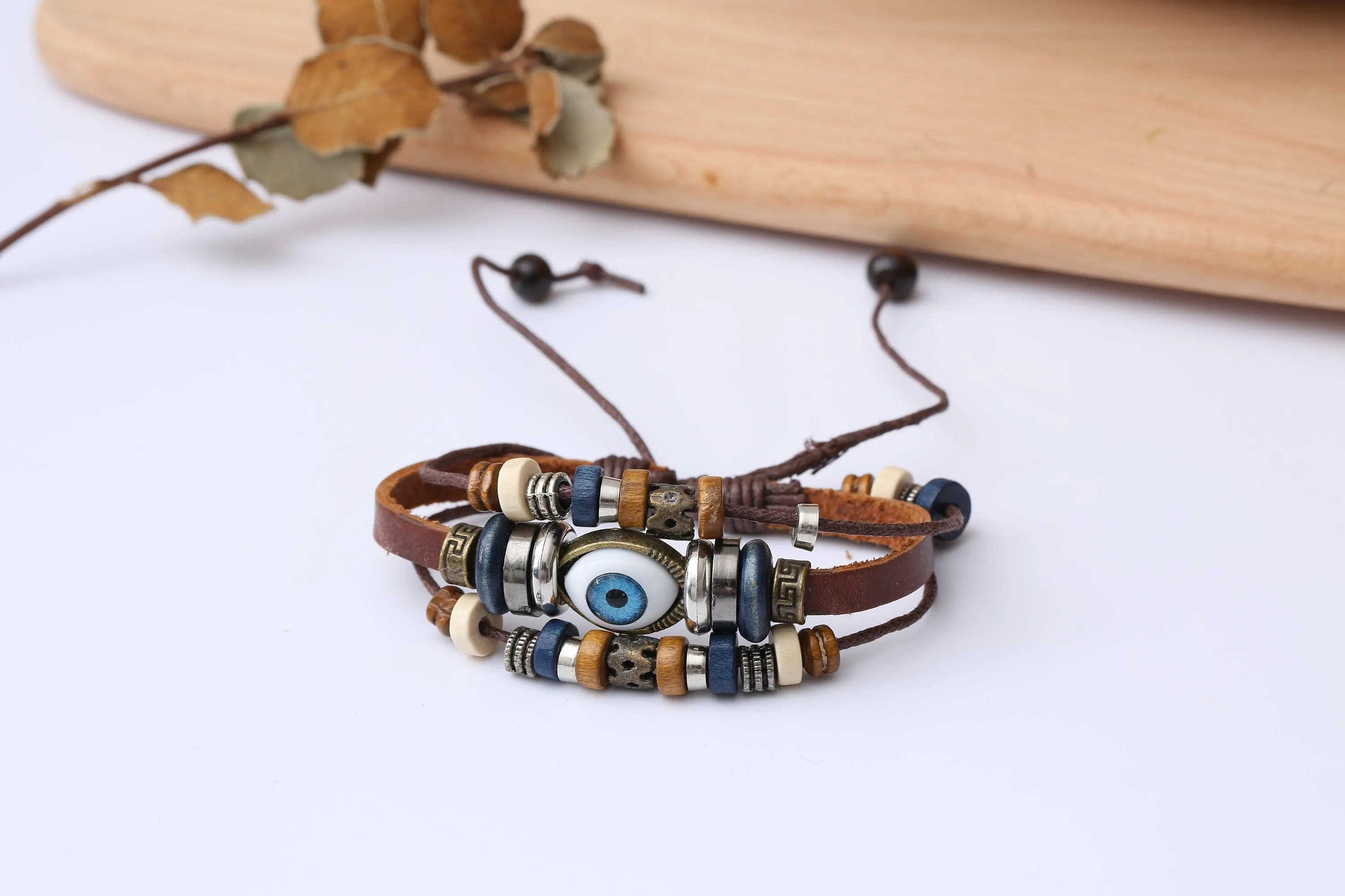 Evil Eye Adjustable Leather Bracelet