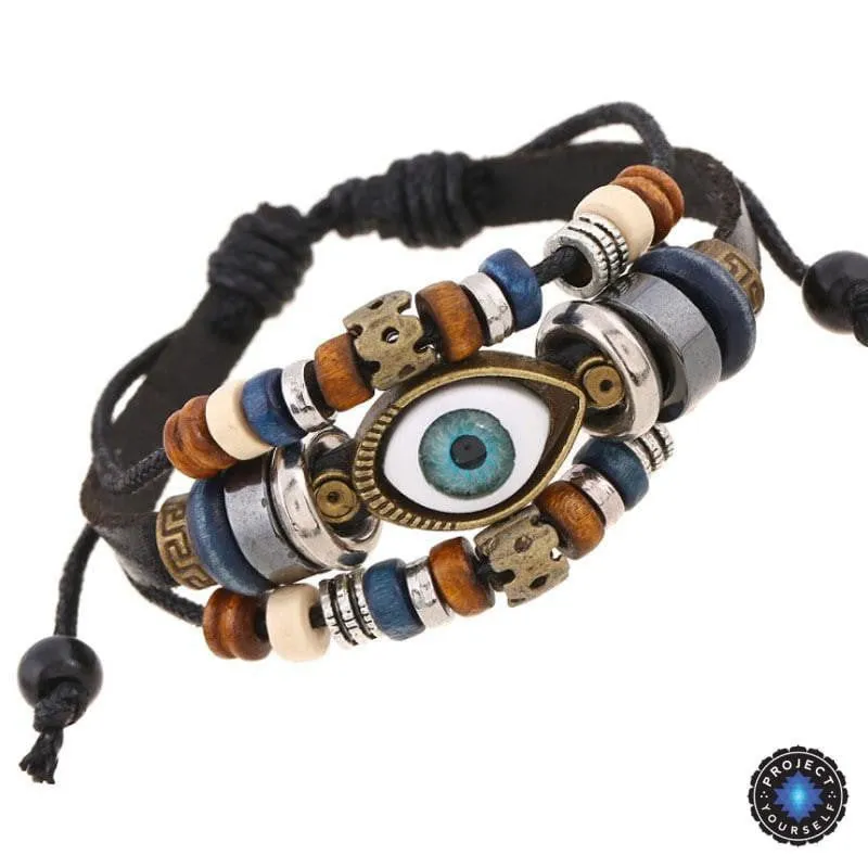 Evil Eye Adjustable Leather Bracelet