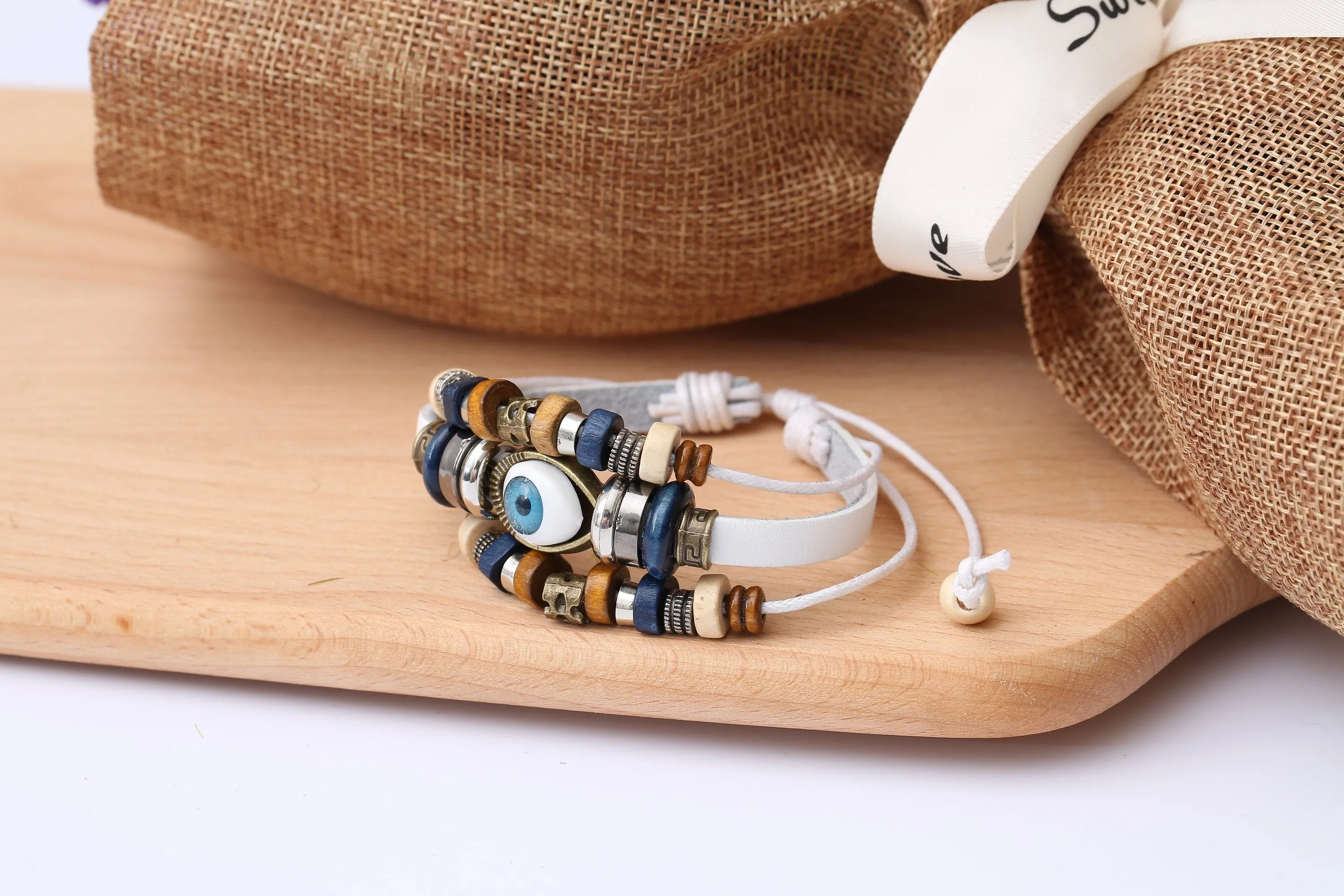 Evil Eye Adjustable Leather Bracelet