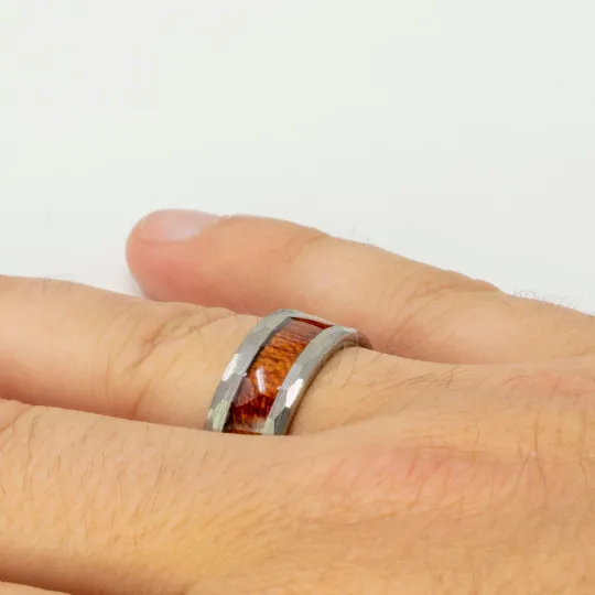 Faceted/Hammered Tungsten Koa Wood Ring